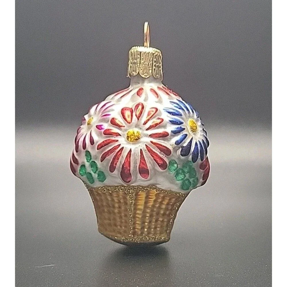Vintage Czech Republic Blown Glass Flower Basket Christmas Ornament Mini 2.5”